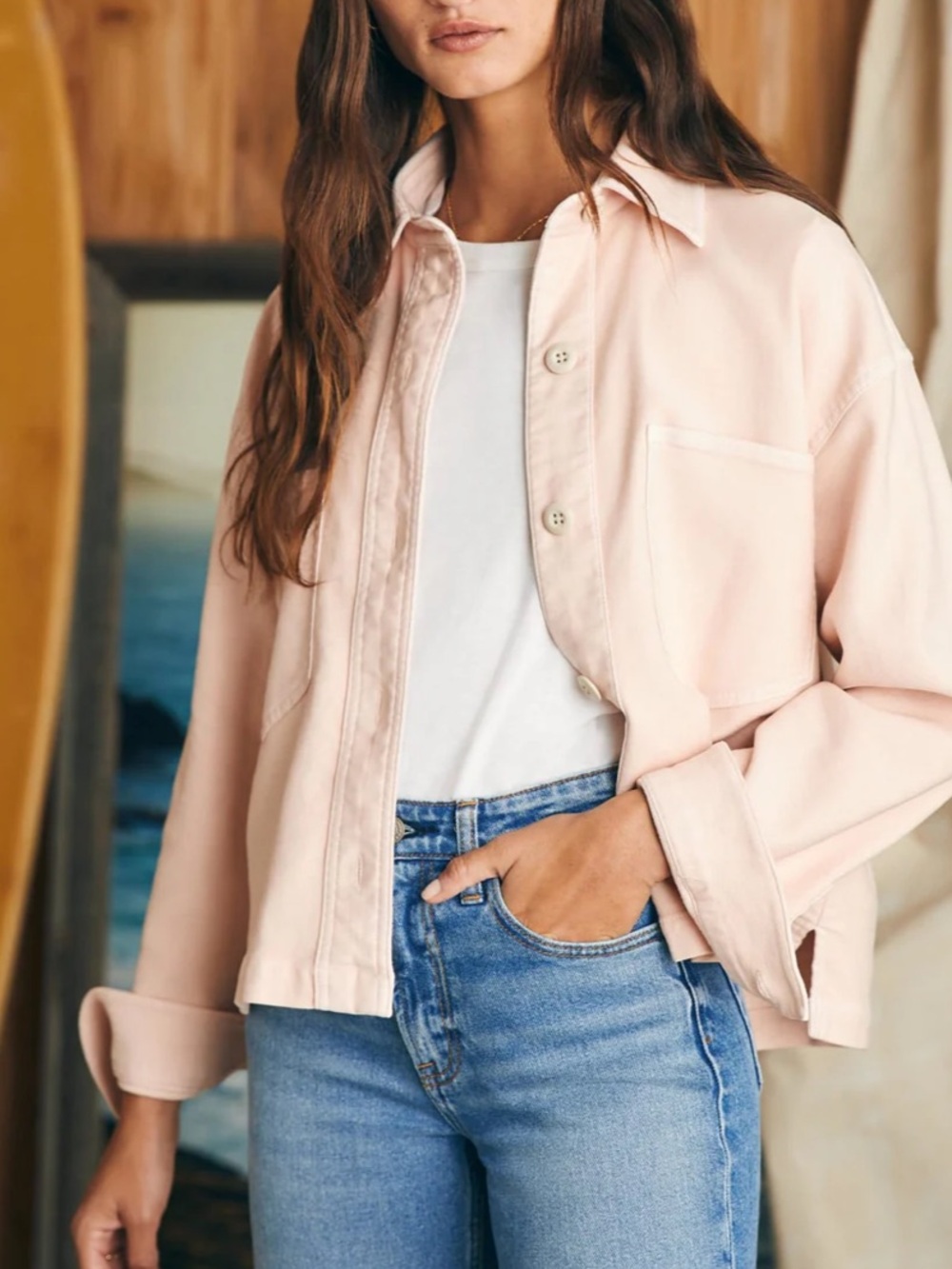FAHERTY Stretch Terry Overshirt Shacket Jacket in Peach Whip XS